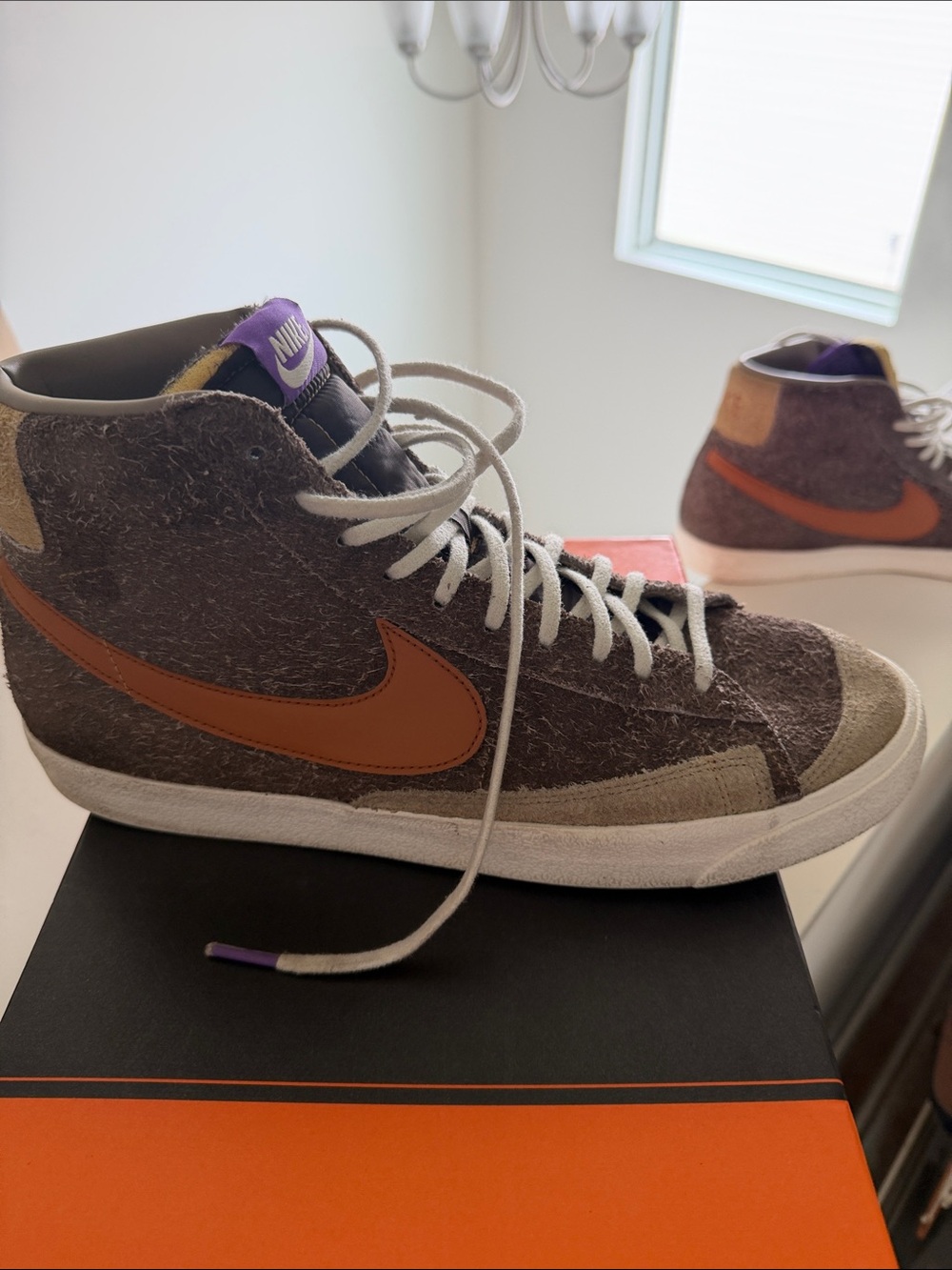 Nike Men’s Blazer Mid — Brown with Orange Swoosh and Purple Label